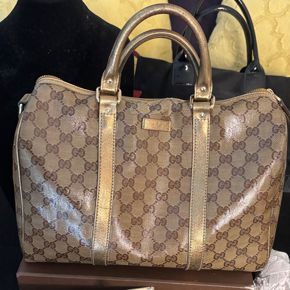 Gucci Monogram Brown and Gold Satchel